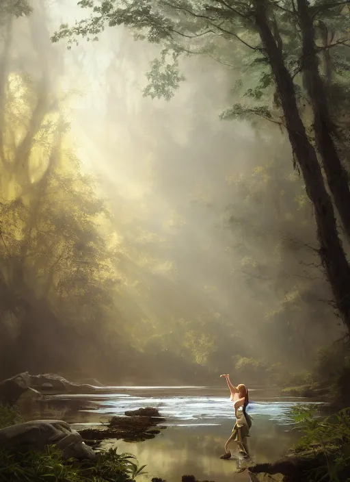 Prompt: a pool of quicksand in a dense forest, extremely detailed oil painting, unreal 5 render, rhads, sargent and leyendecker, savrasov levitan polenov, bruce pennington, studio ghibli, tim hildebrandt, digital art, landscape painting, octane render, beautiful composition, trending on artstation, award winning photograph, masterpiece