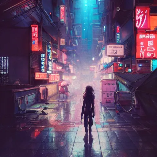 Image similar to cyborg caveman on the streets of tokyo, with neon lights, while it's raining, stephen bliss, unreal engine, fantasy art by greg rutkowski, loish, rhads, ferdinand knab, makoto shinkai, ilya kuvshinov, rossdraws, global illumination, radiant light, detailed and intricate environment