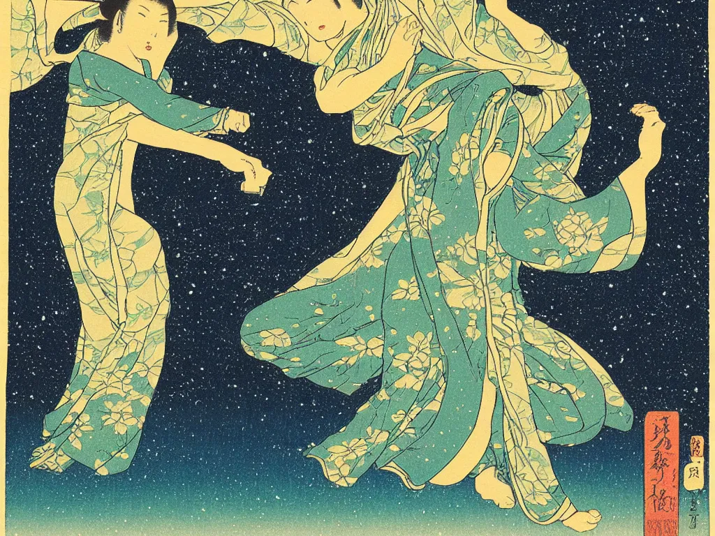 Prompt: a stunning render of a beautiful woman dancing and squirting fluorescent liquid in the cosmos, woodblock print by Kawase Hasui