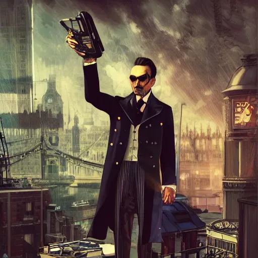 Prompt: [UHD Professor Moriarty as a GTA villain on on a London rooftop in futuristic steampunk London, correct faces, intricate, elegant, graphic detail, digital painting, trending on artstation, concept art, tonalism, sharp focus, illustration, art by Annie Leibowitz and Greg Rutkowski and Alphonse Mucha]