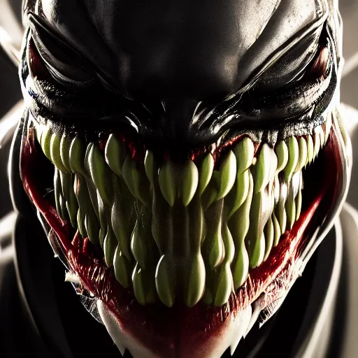 Image similar to joker venom portrait, close up, futuristic sci-fi, alien fabric, venom costume, black slime, roots, chrome mask, beams of light, fog atmosphere, highly no detailed, atmospheric, dark aesthetics, artstation, octane rendering, ultra realistic, 8k