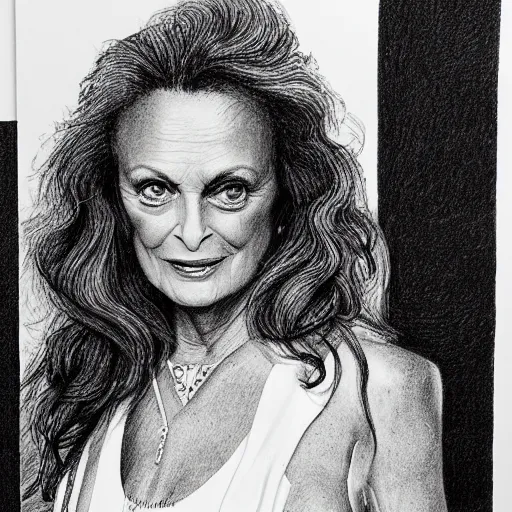 Image similar to pencil illustration of Diane von furstenberg highly detailed, cinematic,