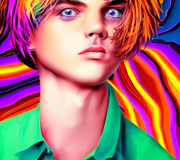 Image similar to extremely beautiful young man with hyperealistic glossy eyes, digital art, colourful background seductive.