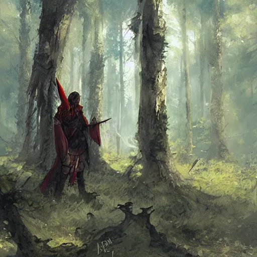 Prompt: archer elf in a forest, art by artem demura