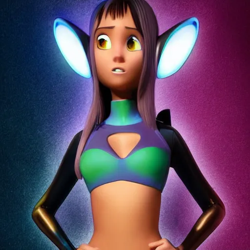 Image similar to pixar anime movie poster portrait photo : : of jessica alba as cat cyborg woman designed by weta workshop : : artstation, unreal engine : : rave makeup, pearlescent, sweaty, morning, vogue cover