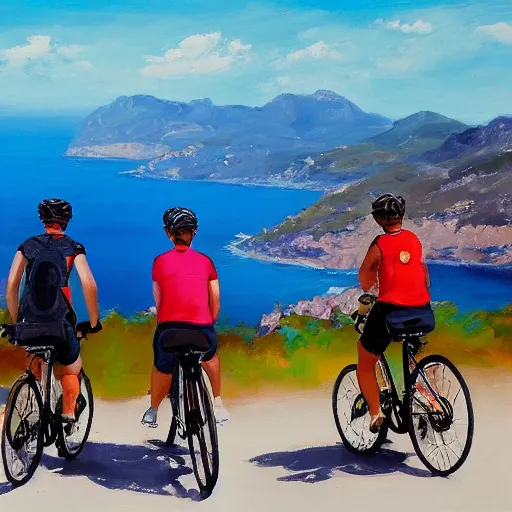 Prompt: 3 friends on professional road bycycles riding in the mountains of Mallorca, sea in the background, oil painting, 4k