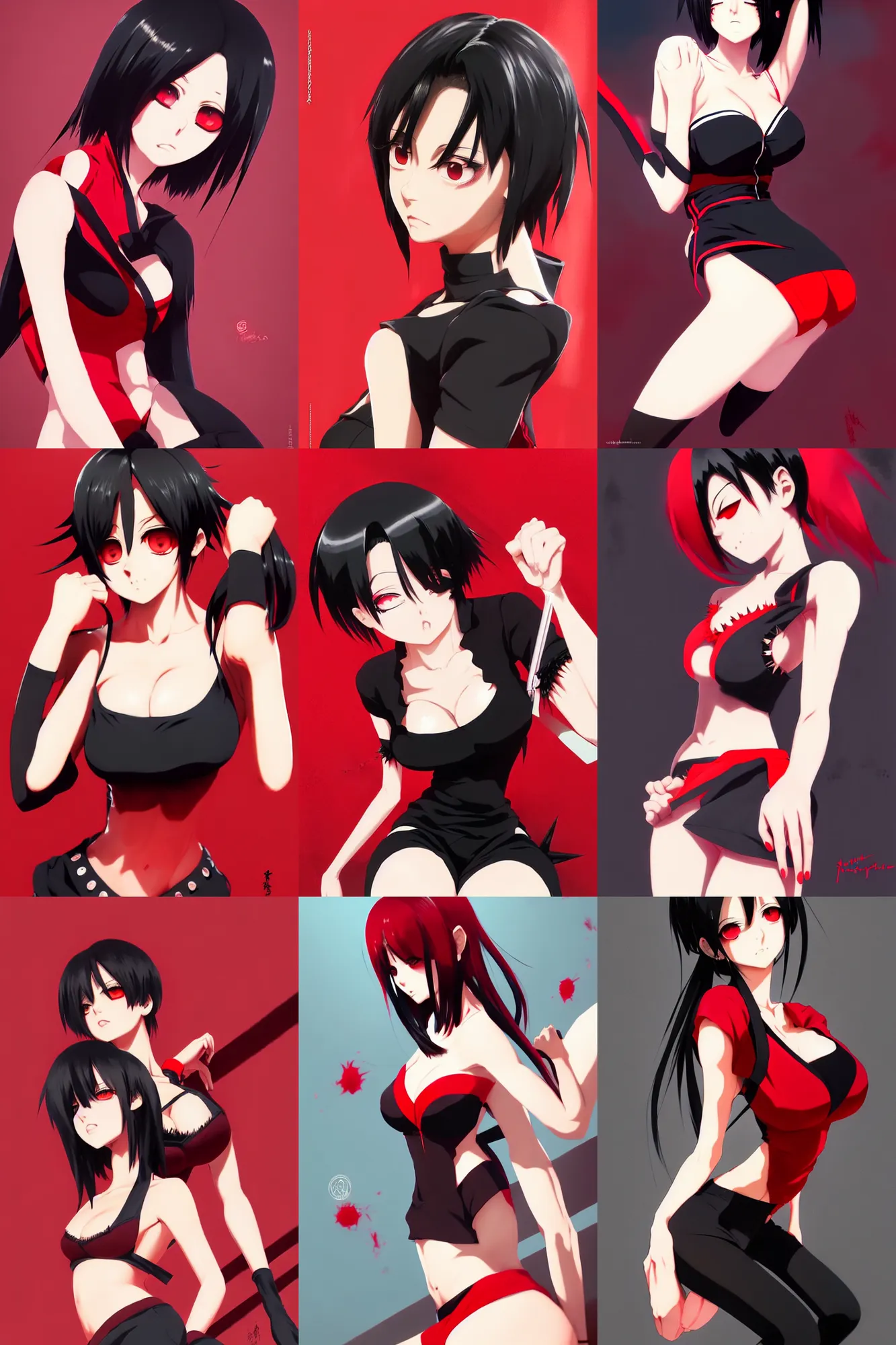 Prompt: gorgeous momo yaoyorozu with black spiky hair and black anime eyes, wearing a camisole, perfect body red and black color palette, in the style of and ilya kuvshinov and greg rutkowski, high quality anime artstyle, intricate