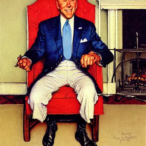 Image similar to a medium close up portrait painting by Norman Rockwell of Joe Biden sitting in a chair. Cozy fire. legs crossed