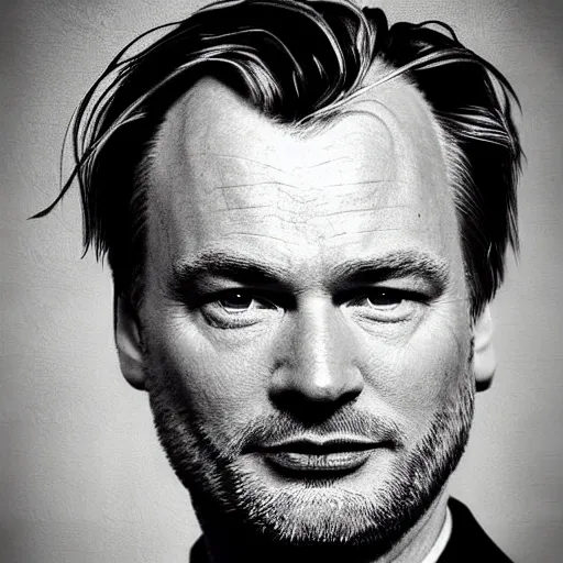 Prompt: portrait of christopher nolan wearing a black suit, in the style of felix valloton