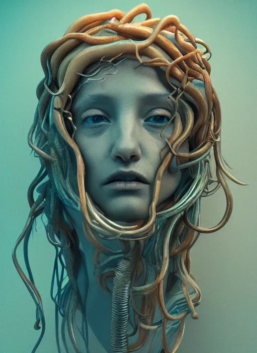 Prompt: subsurface scattering, medusa made of soft wax by giger, cgsociety, translucent, wooden art nouveau swirls, colored smoke, gold cables, electricity, tubes, in the style of ruan jia and beeple, mystical colors, back light, rim light, dramatic lighting, 8 k, stunning scene, raytracing, octane render