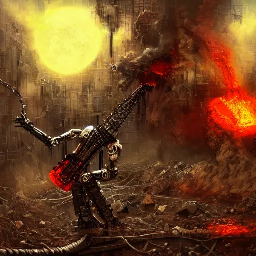 Image similar to flamethrower guitar robot in ruined city by Yoshitaka Amano, by HR Giger, biomechanical, 4k, hyper detailed, hyperrealism, anime, a Blood Moon rising on a Broken World, deviantart, artstation