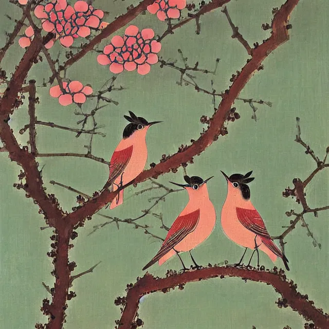 Prompt: a beautiful painting two nightingales kissed on the plum tree, by zhang daqian painting