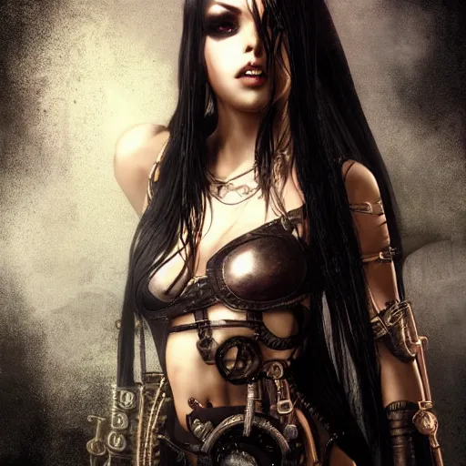 Image similar to aaliyah and kerli koiv, steampunk, darkwave, darksynth, concept headshot art, sharp, digital matte painting, art by luis royo, greg rutkowski, wlop, dramatic lighting, trending on artstation