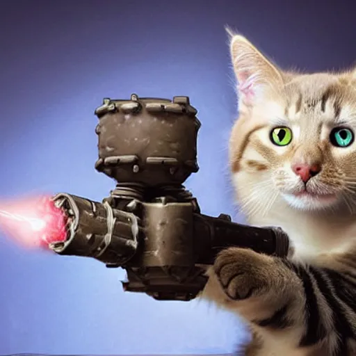 Image similar to realistic cute cat holding a giant minigun