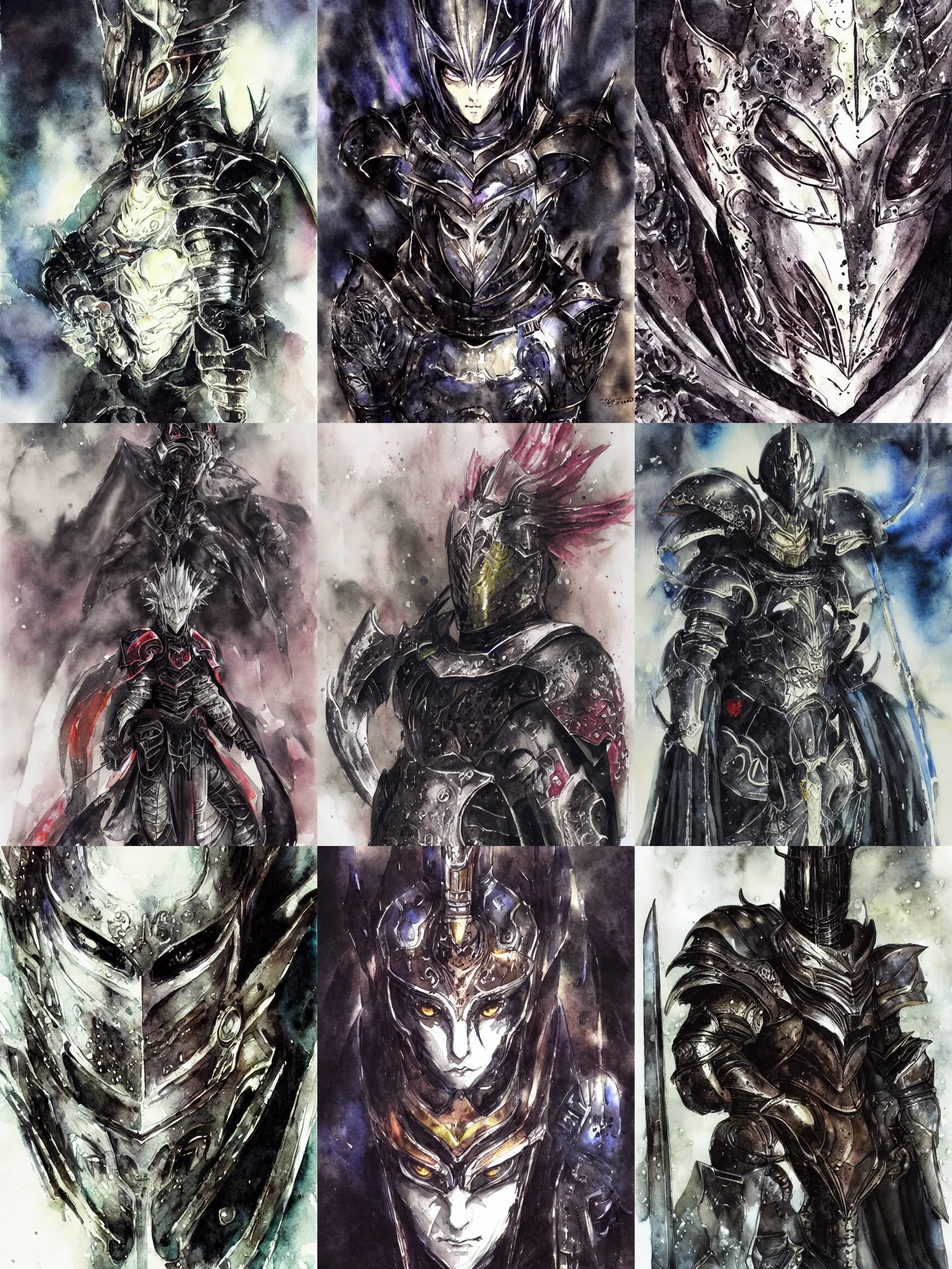 Prompt: portrait of a black knight, dark fantasy, watercolor, by yoshitaka amano