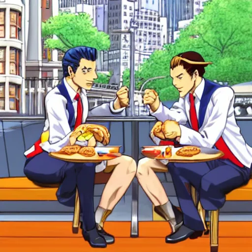 Image similar to phoenix wright and apollo justice eating hamburgers in new york city