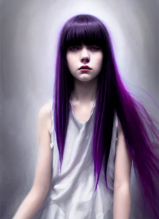 Image similar to portrait of teenage girl, red irises, bangs, black and white hair, white bangs, purple clothes, white bangs, two color hair, black hair and white bangs, intricate, elegant, glowing lights, highly detailed, digital painting, artstation, concept art, smooth, sharp focus, illustration, art by wlop, mars ravelo and greg rutkowski