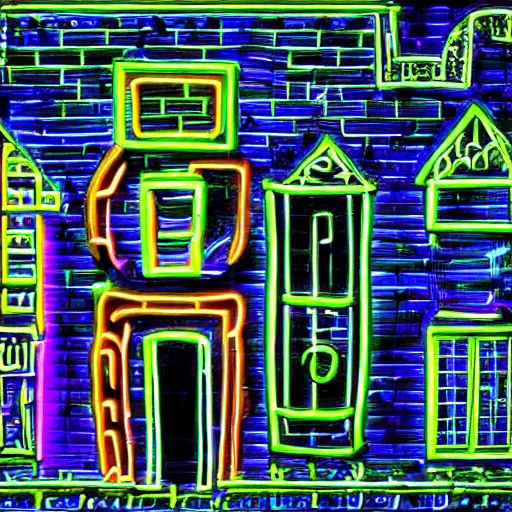 Image similar to a house made of liquid, neon, intricate details, black backround