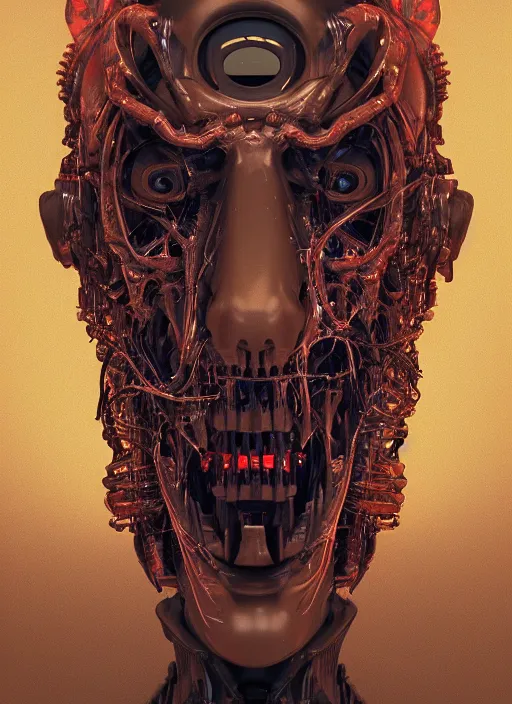 Image similar to a portrait up of a creepy looking biomechanical demon head, gigeresque cyberpunk art by ikuo hirayama, photorealism, octane render, behance hd, polycount, glowing fire background