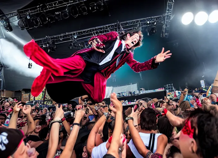 Image similar to photo still of count chocula on stage at vans warped tour!!!!!!!! at age 3 8 years old 3 8 years of age!!!!!!! stage diving into the crowd, 8 k, 8 5 mm f 1. 8, studio lighting, rim light, right side key light