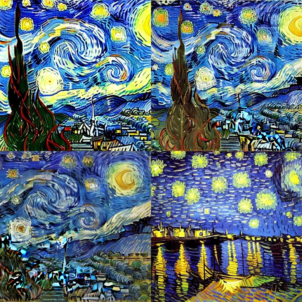 Prompt: a painting of a starry night over a town, a detailed painting by vincent van gogh, featured on deviantart, post - impressionism, detailed painting, painterly, academic art