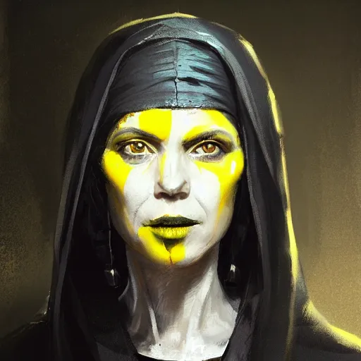 Image similar to portrait of a woman by greg rutkowski, a woman with yellow skin, black lips wearing black robes and a hodd, evil energy, star wars expanded universe, she is about 6 0 years old, highly detailed portrait, digital painting, artstation, concept art, smooth, sharp foccus ilustration, artstation hq