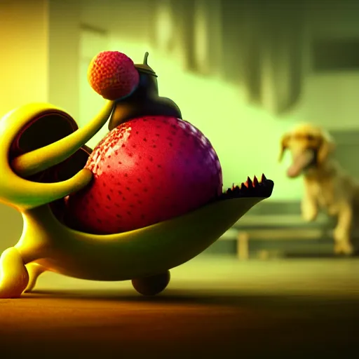 Prompt: beautiful digital fantasy illustration of alien fruit, a creepy dog attacking a stuffed animal, octane render, detail texture, unreal engine, 8 k, photographic quality, ultra hyper realistic quality