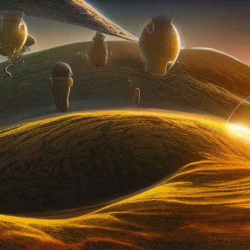 Image similar to panorama,utopia,science fiction,bio-inspired,organic,sunny,michael whelan,redshift render