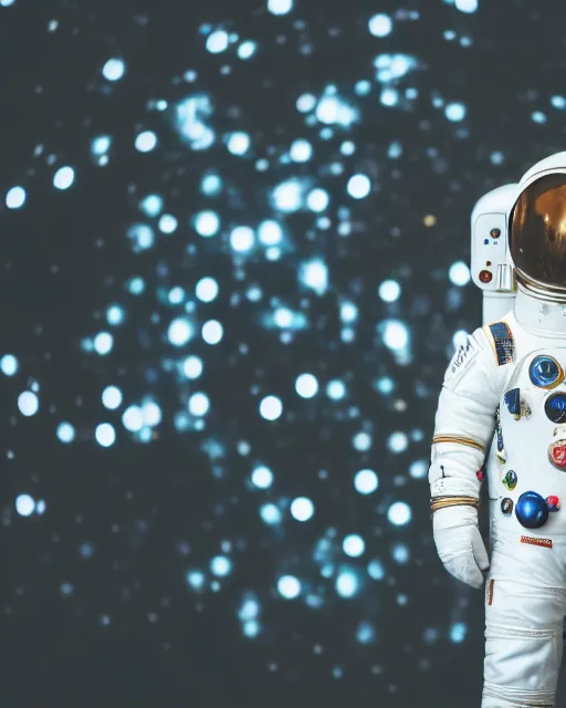 Image similar to high quality presentation photo of a humanoid in spacesuit, photography 4k, f1.8 anamorphic, bokeh, 4k, Canon, Nikon