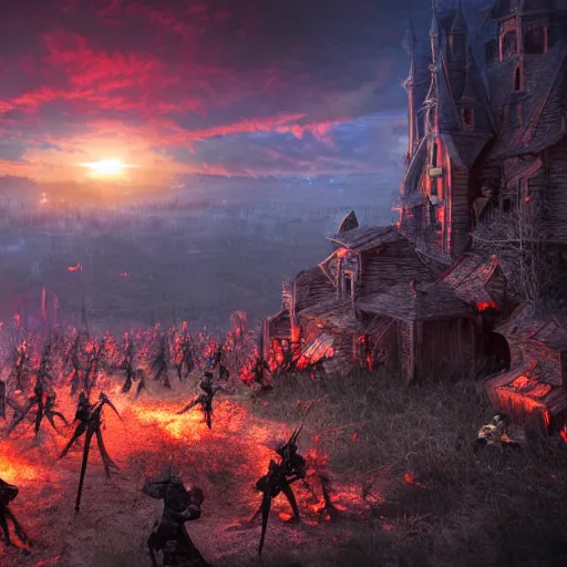 Image similar to epic battlefield of thousands of smurfs with medieval weapons battling, red moon shining golden red light hidden behind clouds, miniaturecore, supremely digital, medieval, unreal engine, super detailed, outstanding detail, dreamlike lighting, god rays