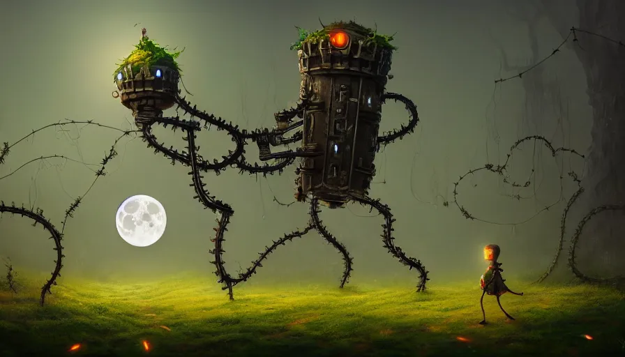 Image similar to a walking mechanical castle with legs, vines, forest, hyperrealistic, highly detailed, cinematic, single ray of moon, dark sky, beautiful, cgssociety, artstation, 8 k, oil painting