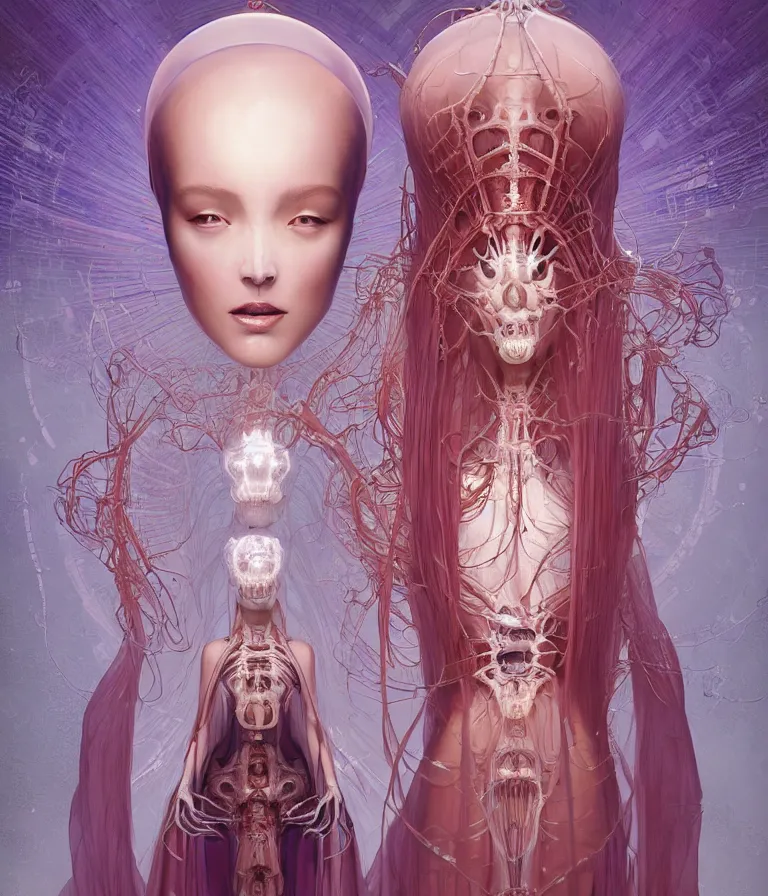 Image similar to fully symmetrical centered portrait of a beautiful princess in robe. artificial muscles, ribcage, bones, hard surface modelling. cyberpunk look. biomechanical mask. bio luminescent biomechanical halo around head. jellyfish. artwork by jarold Sng by artgerm, by Eddie Mendoza, by Peter mohrbacher by tooth wu by alfons mucha, unreal engine, octane render, cinematic light, iridescent details, iridescent colors, dichroic, macro, depth of field, blur