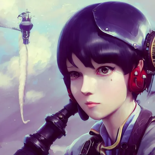 Prompt: a portrait of a cute female air pirate with black bob cut hair leaning against the railing of an airship, steampunk setting, gears, steam, mist, vivid colors, soft lighting, atmospheric, cinematic, moody, in the style of Ilya Kuvshinov and Range Murata, Krenz Cushart, concept art, oil on canvas, 8k