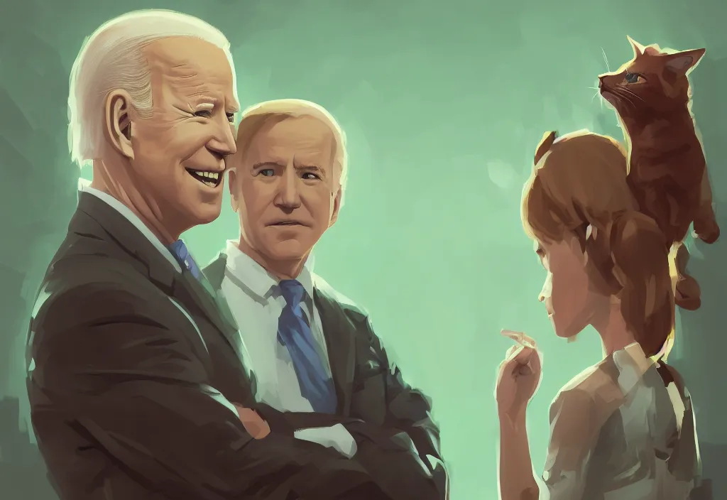 Image similar to portrait of joe biden talking with a cute catgirl, epic debates, presidental elections candidates, cnn, fox news, fantasy, by atey ghailan, by greg rutkowski, by greg tocchini, by james gilleard, by joe gb fenton, dynamic lighting, gradient light green, brown, blonde cream, salad and white colors in scheme, grunge aesthetic