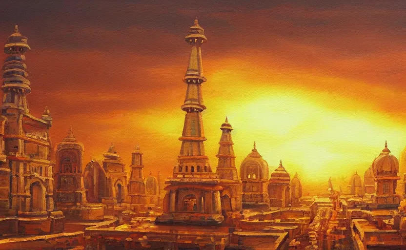 Prompt: detailed oil painting of an indian city, artstation, golden hours, beautiful lighting