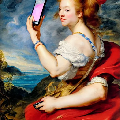 Image similar to heavenly summer sharp land sphere scallop well dressed lady taking a selfie with her iphone auslese, by peter paul rubens and eugene delacroix and karol bak, hyperrealism, digital illustration, fauvist, iphone