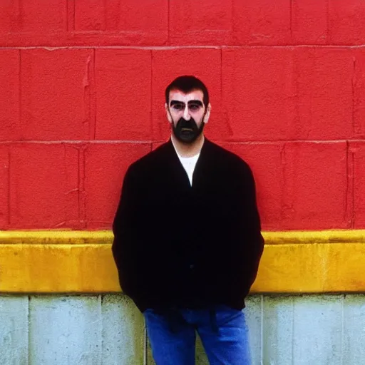 Image similar to a painting of Eric Cantona, in front of a red wall, dripping.