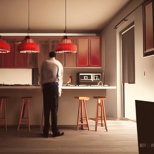 Prompt: man standing in kitchen late at night drinking red wine, realistic artstyle, wide shot, dramatic lighting, octane render, hyperrealistic, high quality, highly detailed, hd, beautiful, cinematic, 8 k, unreal engine, facial accuracy, symmetrical