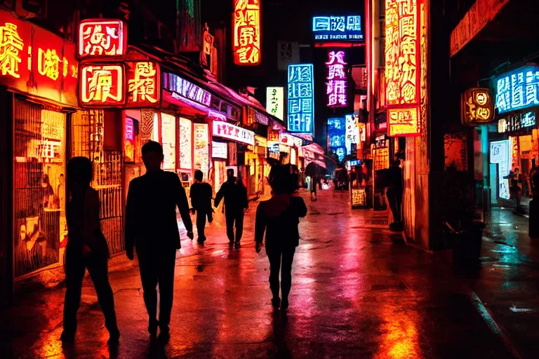 Prompt: dark corner of the street in cyberpunk city night chinese neon people