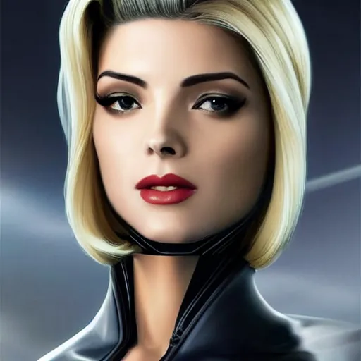 Image similar to A combination of Ada Wong's and Grace Kelly's and Ashley Greene's appearances with blonde hair wearing Interceptor's armor from Anthem, high tech, action shot, angular, full body portrait, futuristic, dramatic, fantasy, intricate, elegant, highly detailed, artstation, matte, sharp focus, 8K, art by Artgerm and Greg Rutkowski and Alphonse Mucha