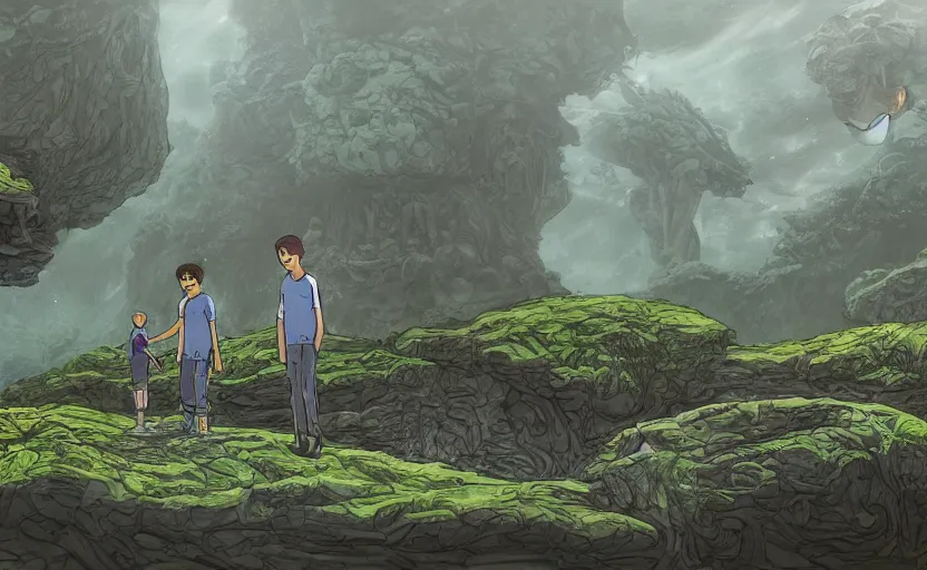 Prompt: highly detailed cell - shaded cartoon landscape with two boys looking at a miniature alien creature 1 9 7 0 s science fiction, moody, misty, depth perception, 4 k, artstation, in the style of studio ghibli