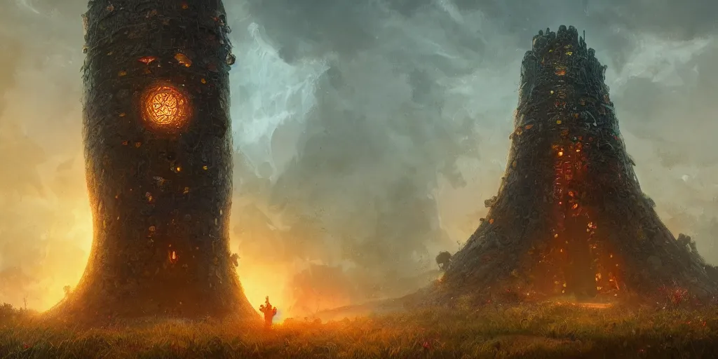 Prompt: a giant old african tower surrounded by glowing mushrooms, fantasy, epic scene, illustration, artstation, art by Sebastian Luca