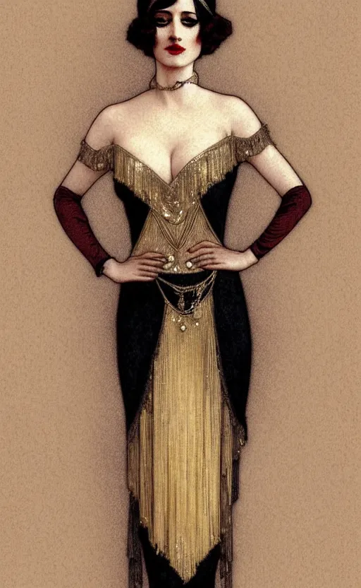 Prompt: portrait en buste flapper girl eva green, vesper lynd, vannessa ives, traditional corsican, intricate, highly detailed, artstation, illustration, jurgens, rutkowski, bouguereau, mucha, roaring 20s, 1920s gaudy color