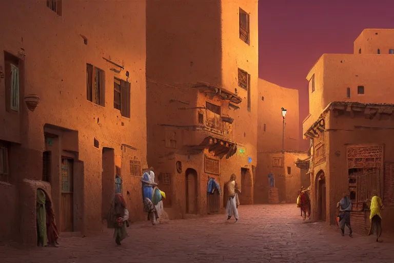 Image similar to in the middle of a adobe house kasbah town, mud and brick houses, merchant street, pueblo architecture, colorful crowd, festival. Scenic view at night, underexposed, clean horizon, matte painting by raphael lacoste and marc simonetti and craig mullins and christophe vacher, trending on artstation, 4k, intricate details