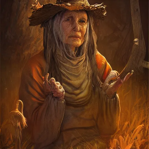 Image similar to old crone, full body, in old wooden hut, rotted teeth, mystical, volumetric lighting, super detailed intricate, in the style of Filipe Pagliuso on Artstation