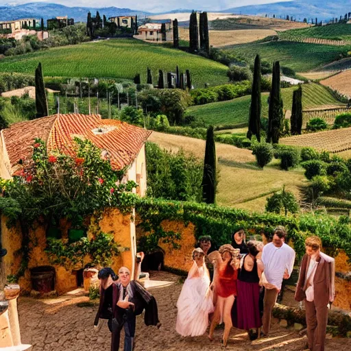 Image similar to scene from romantic comedy set in Tuscany, 4k, film stills photography, colourful,