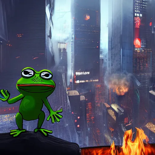 Prompt: foreground detailed, pepe the frog wearing clothes of the resistance'; mid scene rioters & d'umpster with fire inside'background dramatic, detailed cyberpunk megacity full of ice skyscrapers ice, sunny, hyperrealistic, detailed,, unnaturally beautiful captures the essence of translucency, unrealengine, 8 k