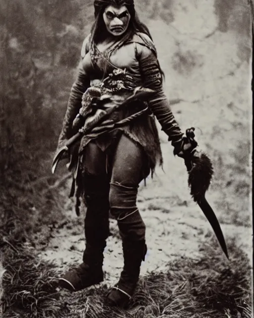 Image similar to female half orc with brown hair, melee weapons, leather clothing, photo by gertrude kasebier