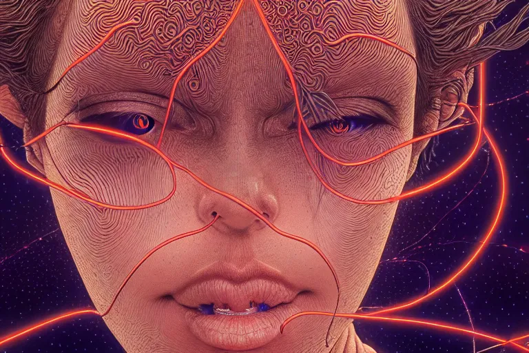 Image similar to realistic detailed image of being plugged into the matrix, conjuring psychedelic background, part by takato yamamoto, part by alex gray, ross tran, james jean, ultra realistic, octane render, highly detailed, 8 k, trending on artstation, cosmic, symmetry, masterpiece