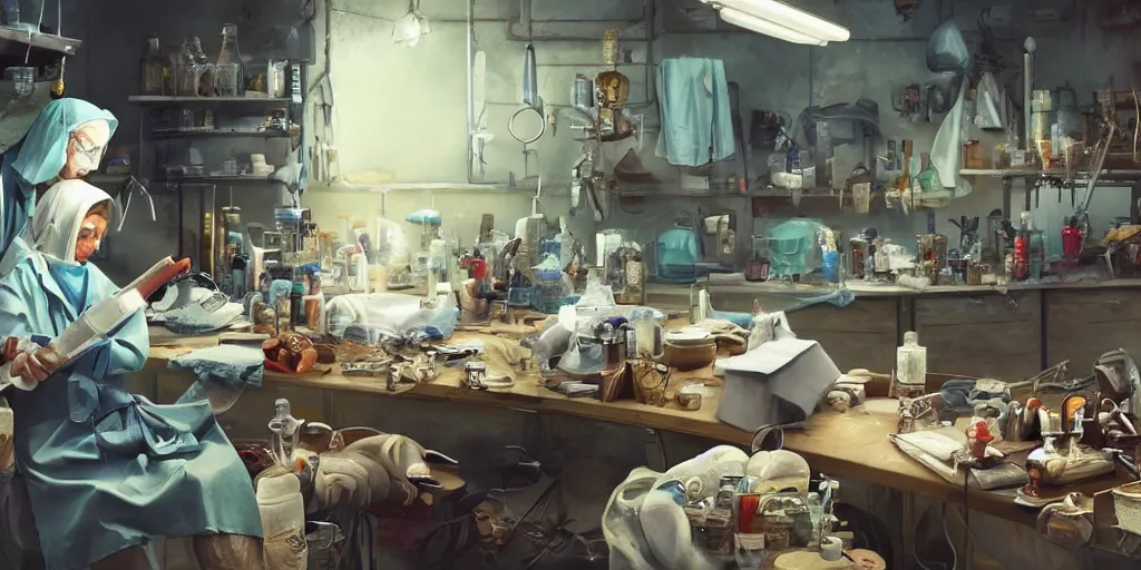 Prompt: an environmental concept art of a babushka surgeon in a cluttered workshop, surigcal impliments, surgery table, highly detailed, cinematic, dramatic